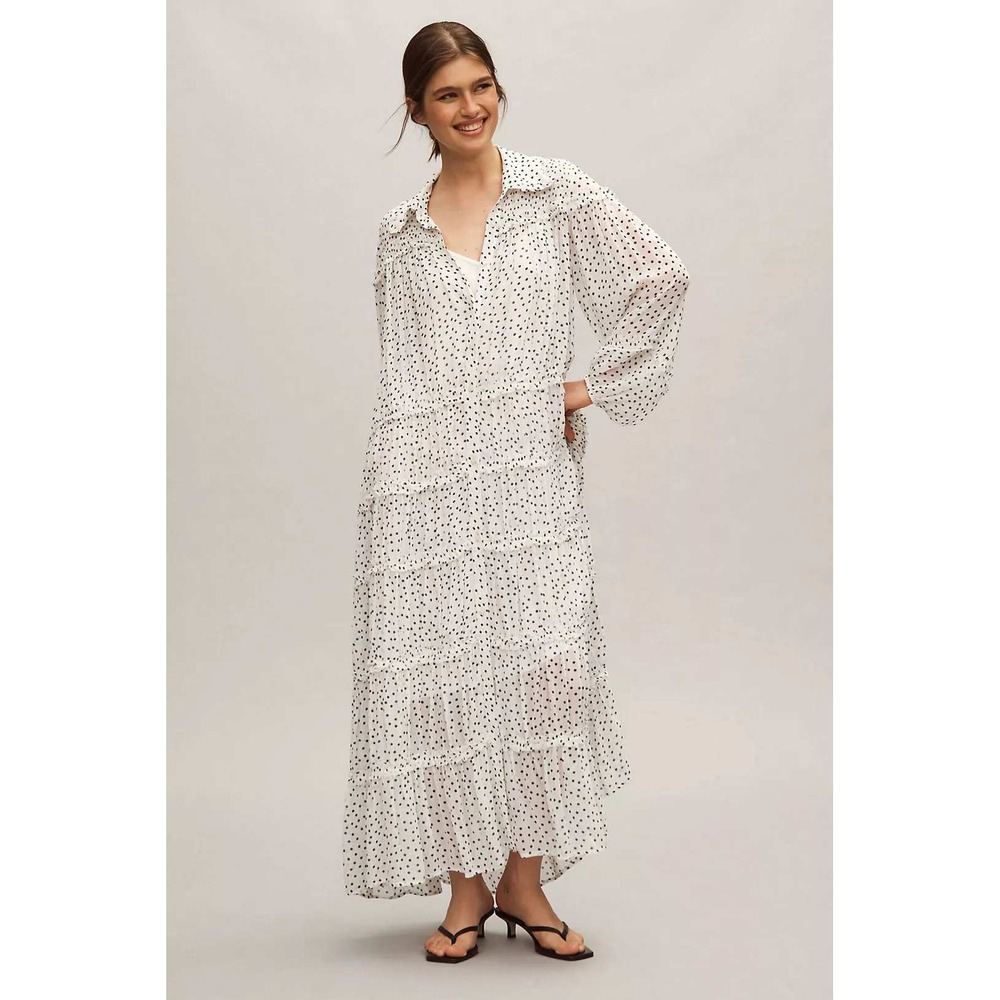 Anthropologie Polka Dot Tiered Maxi Dress White Black Smocked Long Sleeve L
